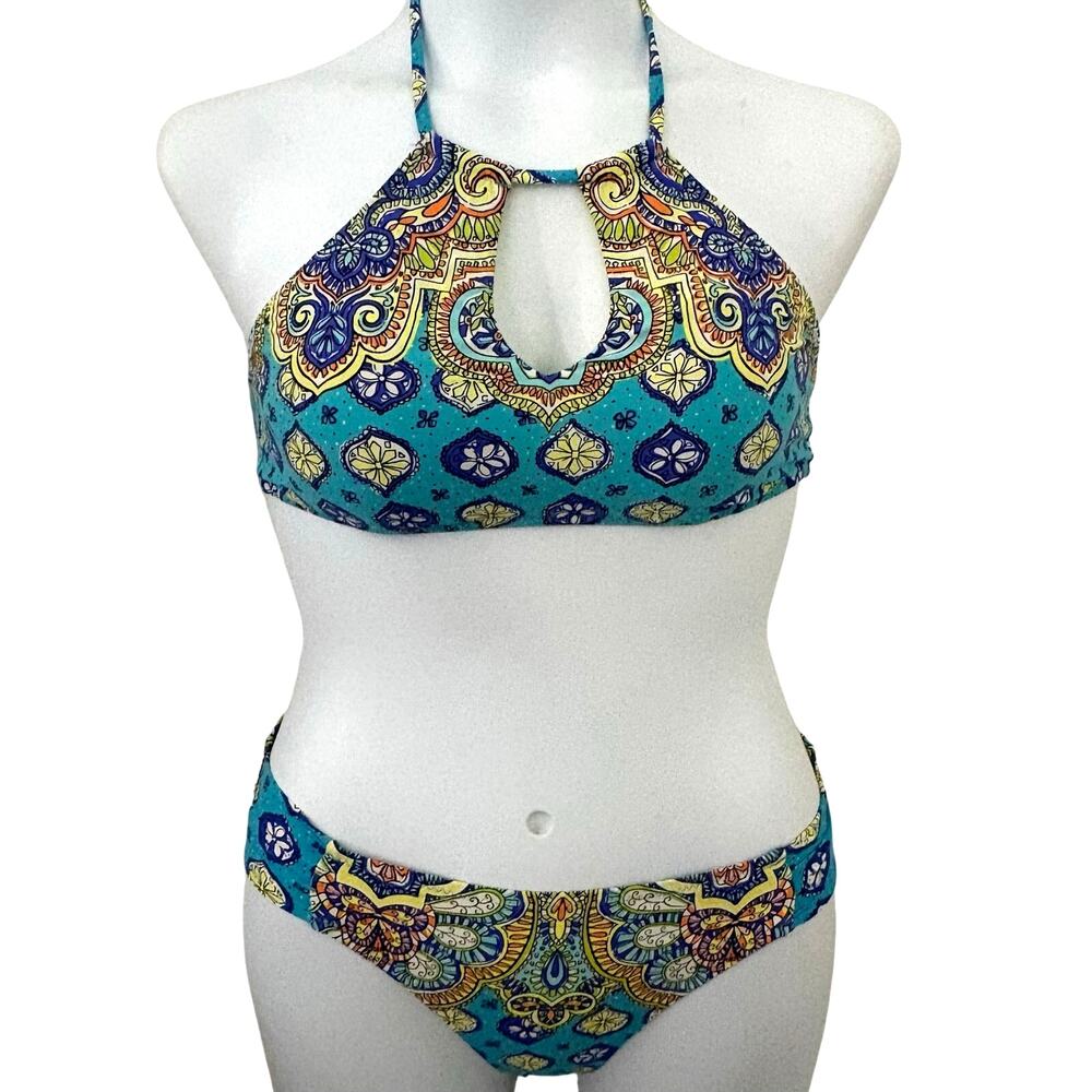 Trina Turk Bikini Size 10 Paisley cut out tie back blue green